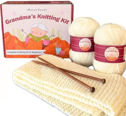 MaconGoods Grandma's Knitting Kit - Complete Knitting Kit for Beginners - Includes Beginner Yarn, Bamboo Needles, Video Tutorial, and Written Guide & More - Easy Learn to Knit Kit by MaconGoods