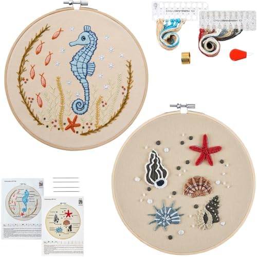 Beach Embroidery Kits for Beginners Adults, Coastal Hand Embroidery Set Needlepoint Kits, Stamped Cross Stitch Kits for Beginners Adults, 2 Embroidery Hoops, Fabric, Thread (Attached Video Tutorial) by Armindou