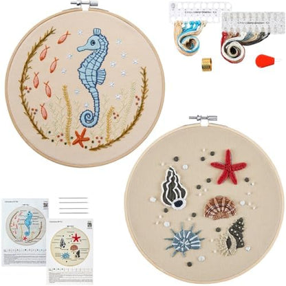 Beach Embroidery Kits for Beginners Adults, Coastal Hand Embroidery Set Needlepoint Kits, Stamped Cross Stitch Kits for Beginners Adults, 2 Embroidery Hoops, Fabric, Thread (Attached Video Tutorial) by Armindou