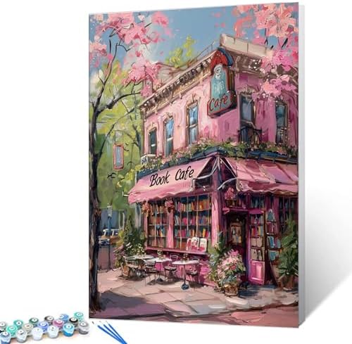 New York Library Paint by Numbers Kits for Adult Bohemia Paint by Numbers Pink Blossom Floral Digital Oil Painting Kits on Canvas with Brushes and Acrylic Pigment DIY Framed 16x20 Inch by Aihonmin
