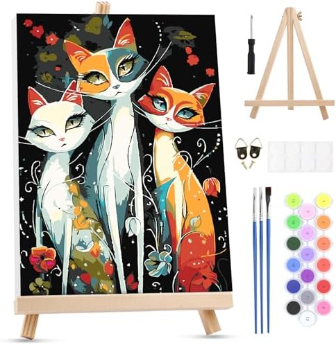 MXJSUA Three Cats Paint by Numbers Kit with Frame for Adults, Animal Easy Beginners Paint by Number on Canvas with Easel, Acrylic Number Painting Craft Gifts for Home Decor, 8x12 inch by MXJSUA-DiamondPaintingkits