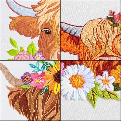 Louise Maelys 3 Set Highland Cow Embroidery Kit for Beginners Floral - Image 4
