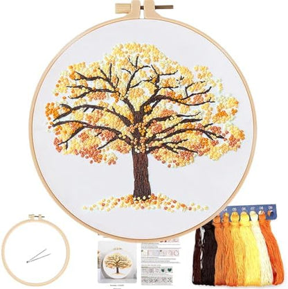FONNUY Crewel Embroidery Kit for Beginners, Seasonal Tree Pre-Stamped Pattern Kits for Adults with Hoop, Easy to Follow Color Thread Needlework, 8'' (Yellow) by FONNUY