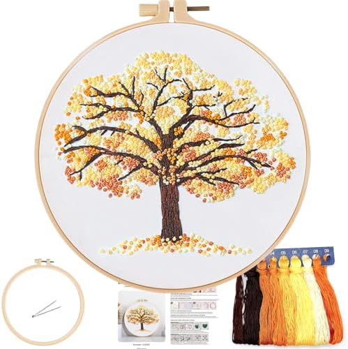 FONNUY Crewel Embroidery Kit for Beginners, Seasonal Tree Pre-Stamped Pattern Kits for Adults with Hoop, Easy to Follow Color Thread Needlework, 8'' (Yellow) by FONNUY