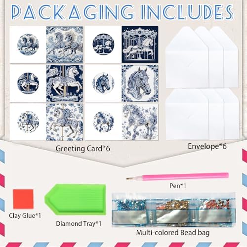 6pcs Diamond Painting Greeting Card with envelopes, DIY Blue and white carousel Diamond Art Greeting Card for Blessing and Wish Special Shaped Arts Crafts for Christmas Birthday Thanksgiving Day - Image 3