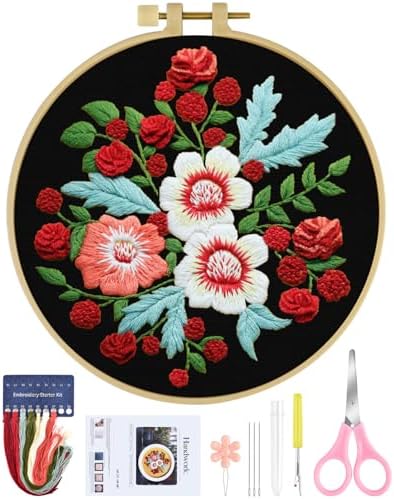 ERKOON Embroidery Kit for Beginners, Flower Cross Stitch Set for Include Embroidery Cloth Hoops Threads for Craft Lover Hand Stitch with Embroidery Skill Techniques (Dream Black Cloth) by ERKOON