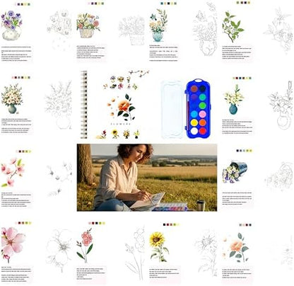 Watercolor Workbook，Water Paint Adult Set，Easy Coloring Book,Beautiful Paintings for Beginner (Flower-12 Color) - Image 5