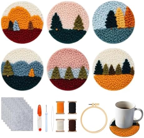 Starter Needle Coasters Kit, Punch Needle Embroidery DIY Set for Beginners Adults, Easy Coasters Kit with Adhesive Felt, Yarns, Embroidery Hoop (Multi landscape2) by yesJRL