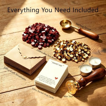 omealltime 50 Sets Pocket Hug Token Small Gift Bulk Cards and Envelopes with Heart Shape Wax Seal Stamp, Sealing Beads, Wax Seal Kit for DIY Exchange Relationship Cards - A - Image 2