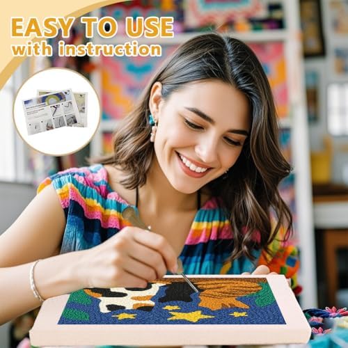 DOODLREAM Cats Stars DIY Punch Needle Embroidery Kit for Adult Beginner, 9.4" Kitten Animal Punch Stitching Craft Set for Starter with Frame,Fabric Pattern,Threader, Yarn, Pinch Needle - Image 3
