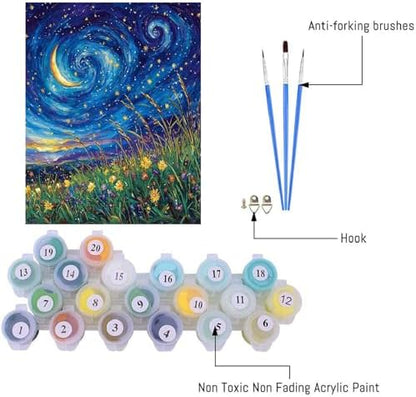 pchmcu DIY Starry Night Paint by Numbers Kits for Adults,Landscape Paint by Number for Adults Beginner Moon,Grassland Paint by Numbers Kits on Canvas Without Frame for Home Wall Decor 16x20inch - Image 6
