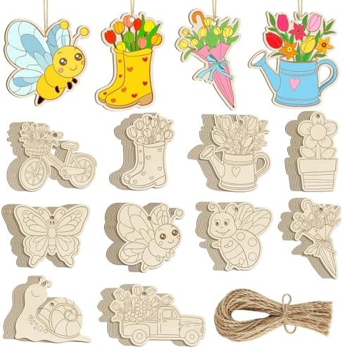 80PCS Wooden Spring Ornaments to Paint, 10 Styles DIY Blank Unfinished Wood Flower Cutouts Butterfly Ornament for Crafts Hanging Decorations, Cute Bee Flower Shape Home Decorations Gifts by Sophena
