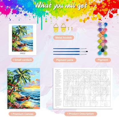 Yunnuo Landscape Paint by Numbers Kit for Adults Beginner,Beach Adult Paint by Numbers on Canvas with Acrylic Paint and 3 Brush,Cottage-Wooden Boat Painting by Numbers for Home Decor Gifts(20x16 inch) - Image 5