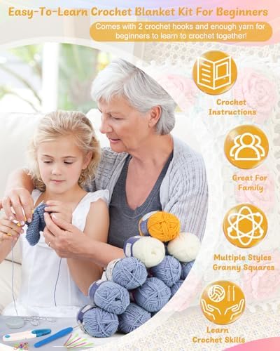 Coopay Crochet Kit for Beginners, Granny Square Blanket Kit, Blue-Purple - Image 3