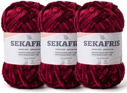 Chenille Velvet Soft Yarn Burgundy 3 Pack by Sekafris