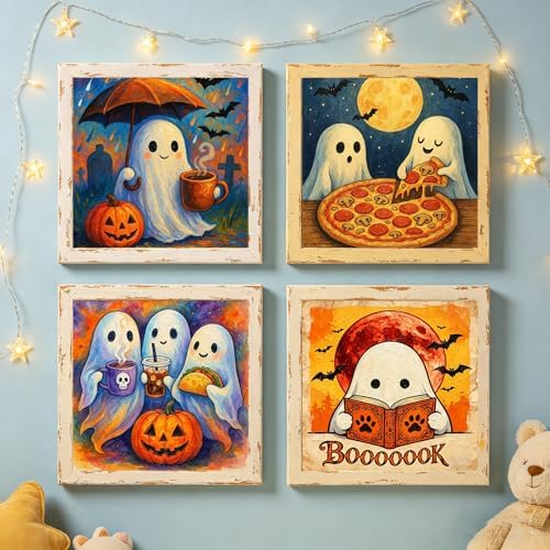 Canrichshop 4 Packs Halloween Ghost Framed Paint by Numbers Kit for Adults with Wooden Easel & Color Box,Ghost DIY Painting by Number on Canvas Gift,Easy Oil Acrylic Paint Prezzie 8x8inch - Image 4
