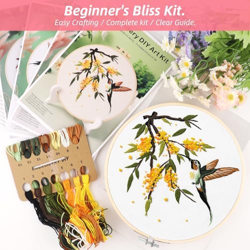 Sopoloray 4 Pack Hummingbird Embroidery Kit for Beginner Adults,Floral Patterns Starter Kit for Adults with Embroidery Hoop,Threads,Needles,Scissors,Instructions - Image 4
