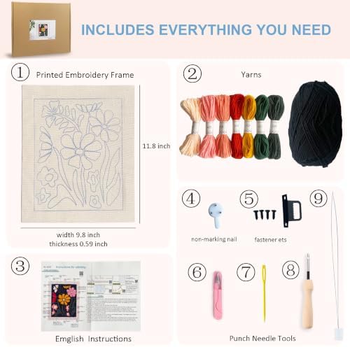 Silentsea Punch Needle Kit for Beginner Adults – Flower Embroidery Frame Kit with Pre-Printed Design, All-in-One DIY Craft for Home Decor - Image 4