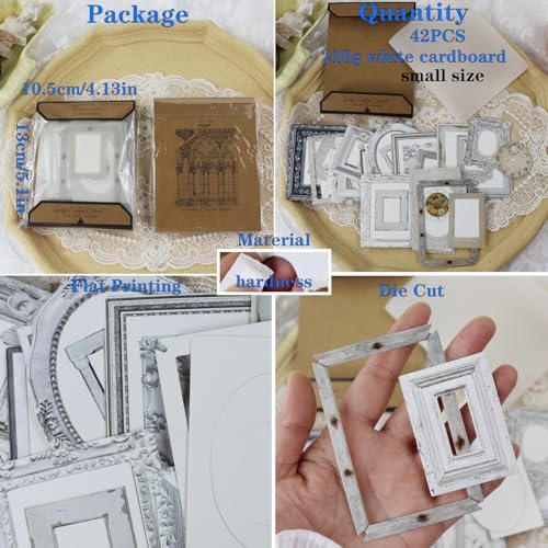 CATaireen Vintage Junk Journal Items Kit Pre Cut Paper Cards Cutout Cardstock Art Aesthetic Decor Hollow Out Craft Elements Small Embellishments Supplies for Adults Scrapbook Pack (Photo Frame White) - Image 3