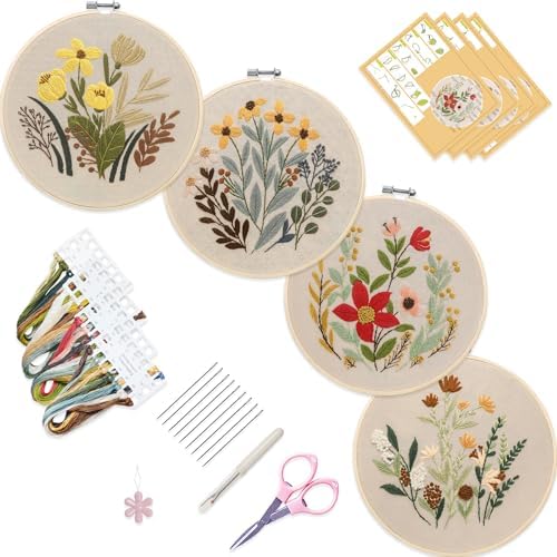 Bonroy 4 Sets Embroidery Set for Beginners, Art Craft, Easy Sewing, Includes Embroidery Clothing, Pattern, Embroidery Hoop, Instruction Manual, Colorful Thread Stitch Set (11) by Bonroy