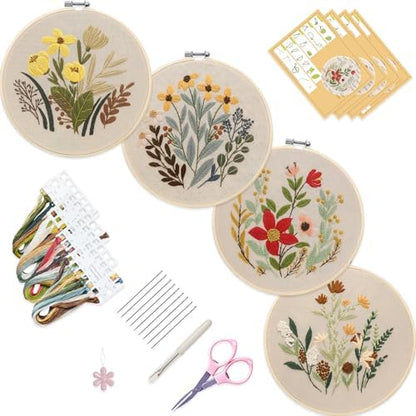 Bonroy 4 Sets Embroidery Set for Beginners, Art Craft, Easy Sewing, Includes Embroidery Clothing, Pattern, Embroidery Hoop, Instruction Manual, Colorful Thread Stitch Set (11) by Bonroy