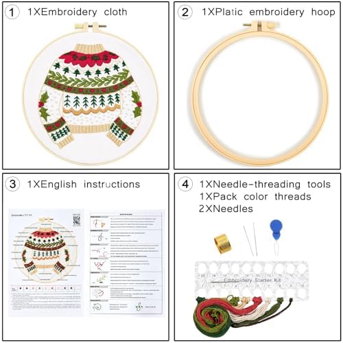 Crafmanoe Christmas Embroidery Kits for Beginners Embroidery Stitches Practice Kits for Adults, Christmas Cross Stitch Kits for Beginners Craft Kits, Embroidery Hoops, Fabric, Threads & Video Tutorial - Image 6