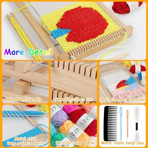 Wooden Weaving Loom Kit for Kids,Arts and Crafts Mini Weaving Loom with 13 roll Colorful Yarns,11.4" x 7.5" Hand-Knitting Frame Looms for Easy Weaving,Weaving Loom and Yarns for Beginners and Adults - Image 5