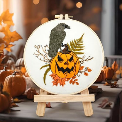 Crafmanoe Halloween Embroidery Starter Kits for Beginners Adults, Fall Pumpkin Stamped Cross Stitch Kits for Beginners Adults, Crow Gothic Embroidery Needlepoint Kits, Hoops, Fabric and Video Tutorial - Image 5