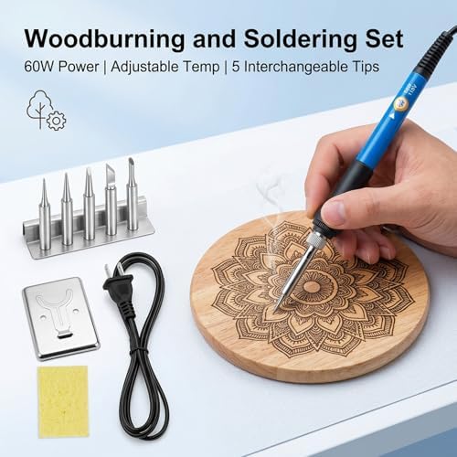 Wood Burning Tool, Adjustable 6 Temperature Pyrography Tool, 60W Iron with 5 Tips & Sponge for DIY Wood Crafts, Wood Art & Pyrography, Ideal for Detailed Shading & Designs (Iron, 6-Piece Set) - Image 5