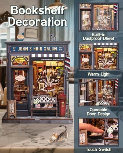 Book Nook Kit, DIY Miniature Dollhouse Kit, Barbershop Booknook Building Kit, 3D Wooden Puzzle for Adults, Tiny House, Decorative Bookshelf Home Decor, Crafts Gifts for Adults (John's Hair Salon) - Image 3
