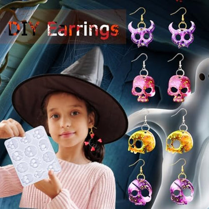 82 PCS Halloween Skull Earring Molds Kits with Holes, 12 Pairs Silicone Resin Molds with 40 Earring Hooks Epoxy for Halloween Decorations Pendants Keychains - Image 4