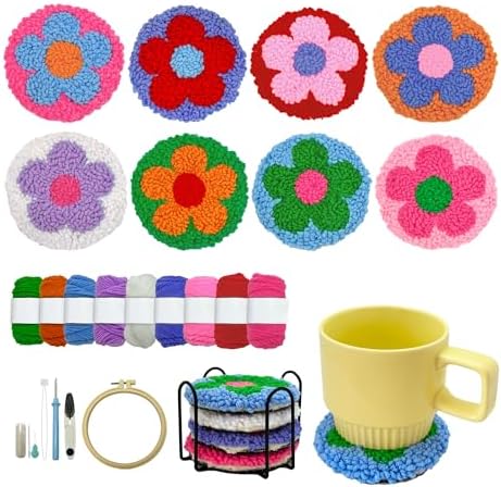 SEREDH Punch Needle Kit for Beginners Adults Easy Needle Punch Embroidery Set Including Threader Instruction Fabric Hoop Yarn Coaster DIY Making Kit Supplies,Set of 8 Flower Art Crafts Gifts by SereneDreamHome