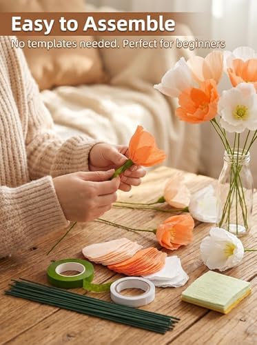 Mybbshower Crepe Paper Flower DIY Making Kit, Icelandic Poppy, Assorted Colors Peach White Orange 24 Count - Image 2