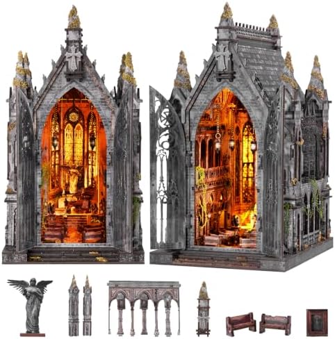 fifijoy Book Nook Kit for Adults - DIY Miniature Dollhouse kit with LED Light，3D Wooden Puzzle Mystical Booknook Tiny House Bookshelf Insert Decor, Gifts for Family, Friends (Abandoned Gothic Church) by fifijoy