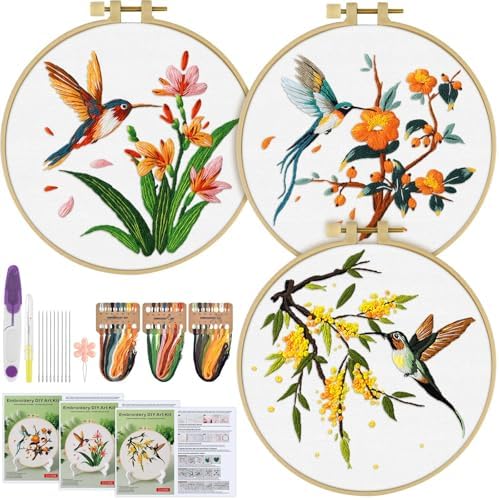 ERKOON 3 Sets Embroidery Kit, Hummingbird Cross Stitch Set for Include Embroidery Cloth Hoops Threads for Craft Lover Hand Stitch (Hummingbird) by ERKOON
