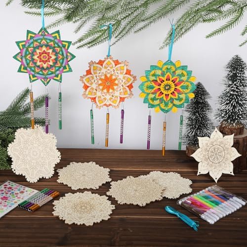 Amyhill 16 Pack Mandala DIY Wind Chime Kit, Wooden Coloring Craft, Gifts - Image 5