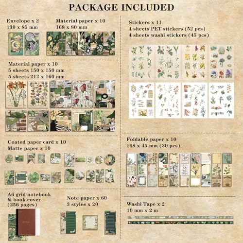 BoomTeck Vintage Scrapbooking Kit, Aesthetic Junk Journal Supplies with Scrapbook Paper, Washi Stickers, A6 Grid Notebook - DIY Craft Journaling Gift for Teen Girl Adult (Green) - Image 6