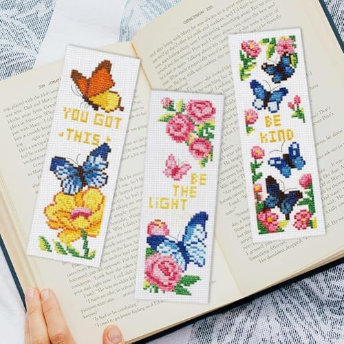 INFUNLY 6pcs Butterfly Quotes Cross Stitch Bookmark Kit DIY Embroidery Starter Set 3x8.5 Inch Cotton Linen Pre-Printed Fabric 14 Colors Floss Backing Felt Needles Threader Instructions for Book Lovers - Image 5