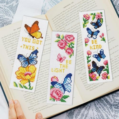 INFUNLY 6pcs Butterfly Quotes Cross Stitch Bookmark Kit DIY Embroidery Starter Set 3x8.5 Inch Cotton Linen Pre-Printed Fabric 14 Colors Floss Backing Felt Needles Threader Instructions for Book Lovers - Image 5