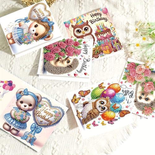 Tontut 6 Pieces Diamond Art Painted Greeting Cards, Owl Hedgehog Bear 5D DIY Special Shape Diamond Card Creative Gifts, Christmas Thanksgiving Greeting Card Congratulation - Image 7