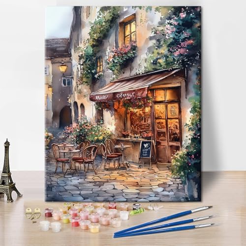 TUMOVO Adults Paint by Numbers Kit European Cafe Street Scene DIY Canvas Painting for Beginners Rustic Ivy Covered Walls Cobblestone Outdoor Seating with Blooming Flowers Acrylic 16x20 Inch by TUMOVO