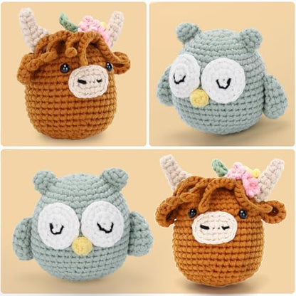 CrochetBox Brown Highland Cow and Owl Crochet Kit for Beginners, 2 PCS Set - Image 2