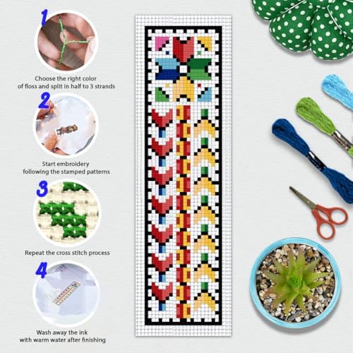 BEUNITONE Cross Stitch Bookmark Kits 6 Pcs Traditional Decorative Patterns Counted Cross Stitch Kit Hand Stamped Embroidery Kit for Beginners Floral Fabric Bookmark Making Kit DIY 8''x2.4'' - Image 4