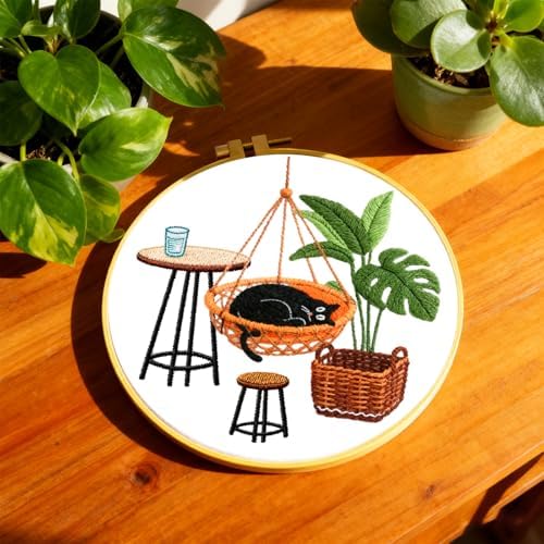 BEUNITONE 4 Set Embroidery Kit for Beginners, Daily Life of Cats Patterns Cross Stitch Kits, Needlepoint Kits for Adults with Hoop, Cute Hand Embroidery Patterns for Cloth and Home Decor - Image 5