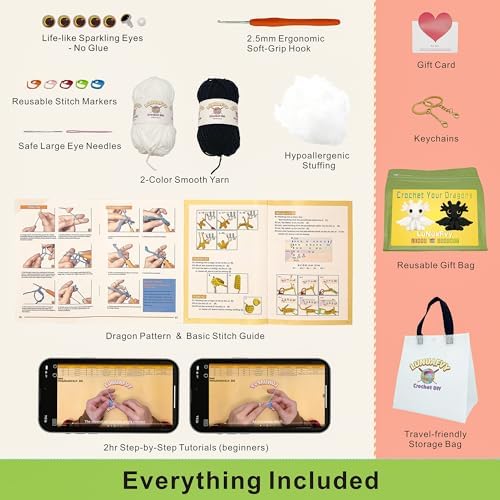 LuNuaFvy Crochet Kit for Beginners, Adults & Kids, Complete Animal Starter Kit to Make 2 Amigurumi Dragons,DIY Gift with Easy-to-Follow Book & Video Tutorial, Soft Yarn, 2 Bags - Image 2