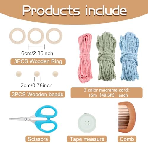 ORIGACH 3 Set DIY Angel Macrame Kit, Boho Wall Hanging Ornament for Beginners, Angel Wings Kit with Instruction Tutorial for Adults, Pink Blue & Green - Image 2