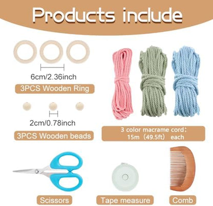 ORIGACH 3 Set DIY Angel Macrame Kit, Boho Wall Hanging Ornament for Beginners, Angel Wings Kit with Instruction Tutorial for Adults, Pink Blue & Green - Image 2