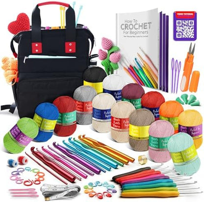 Crochet Kit for Beginners Adults and Kids - Beginner Crochet Kit for Adults with Step-by-Step Video Tutorials, Amigurumi and Crocheting Kit, Crochet Starter Kit with Crochet Yarn and Crochet Backpack by HearthHarbor
