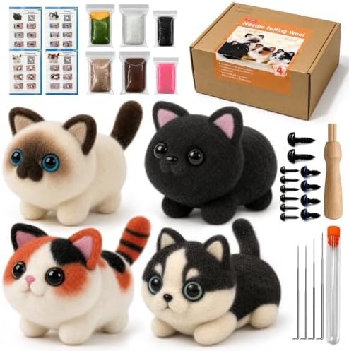 Voduynl Beginner Needle Felting Kit - 4 Cats and Dogs Pairs - Includes Wool, Tools, Step-by-Step Video, Safety Guide & Instruction Cards, Ideal Starter Set for Adults & DIY Beginners by Voduynl