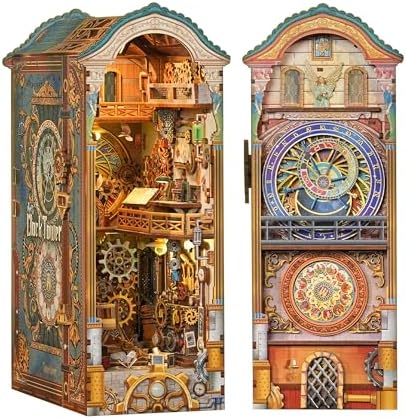Tonecheer DIY Book Nook Kit for Adults, 3D Wooden Puzzle Bookend Miniature House Kit, Booknook Bookshelf Insert Decor with Dust Cover and LED Lights Gifts (Clock Tower) by Tonecheer
